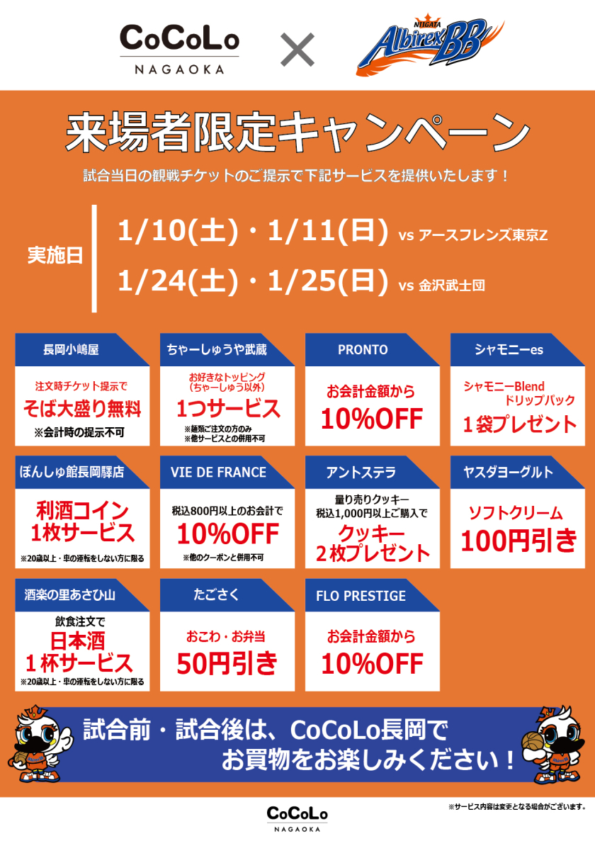 CoCoLo長岡×新潟アルビレックスBB　来場者限定キャンペーン開催！