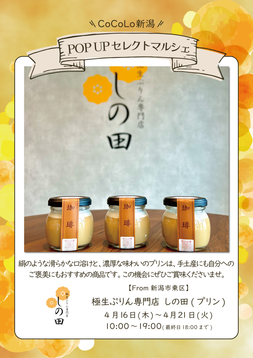 【極生ぷりん専門店　しの田】期間限定出店のお知らせ