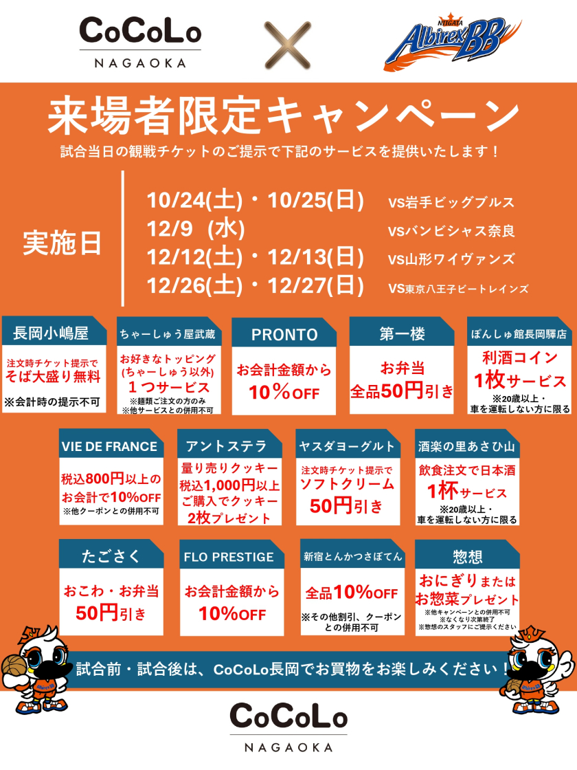 CoCoLo長岡×新潟アルビレックスBB　来場者限定キャンペーン開催！